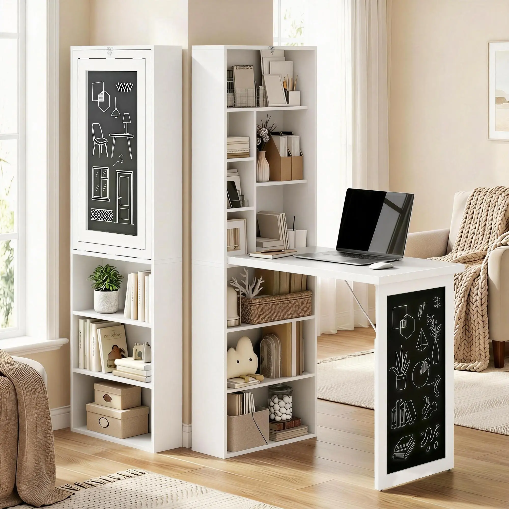 Fold-Out Convertible Office Desk with Blackboard and Side Shelf in White, Wall Mount Computer Desk for Small Spaces and Home Office, Space Saving Folding Desk with Chalkboard for Study and Notes
