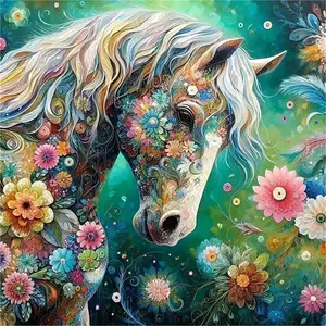 Fantasy Floral Horse with Blooming Flowers 5D Full Drill Diamond Painting Kit, Art Nouveau Design, Diamond Pattern Design with Multicolor Accents, Majestic Equestrian Art DIY Wall Decor, Ideal Gift for Horse & Craft Enthusiasts