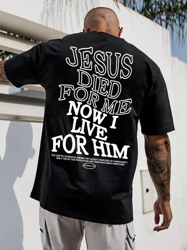 FEEGO Men's Letter & Cross Print Drop Shoulder Cotton T-Shirt, Regular Fit Short-Sleeve Round Neck Customized Sporty Streetwear Top for Summer Daily Wear