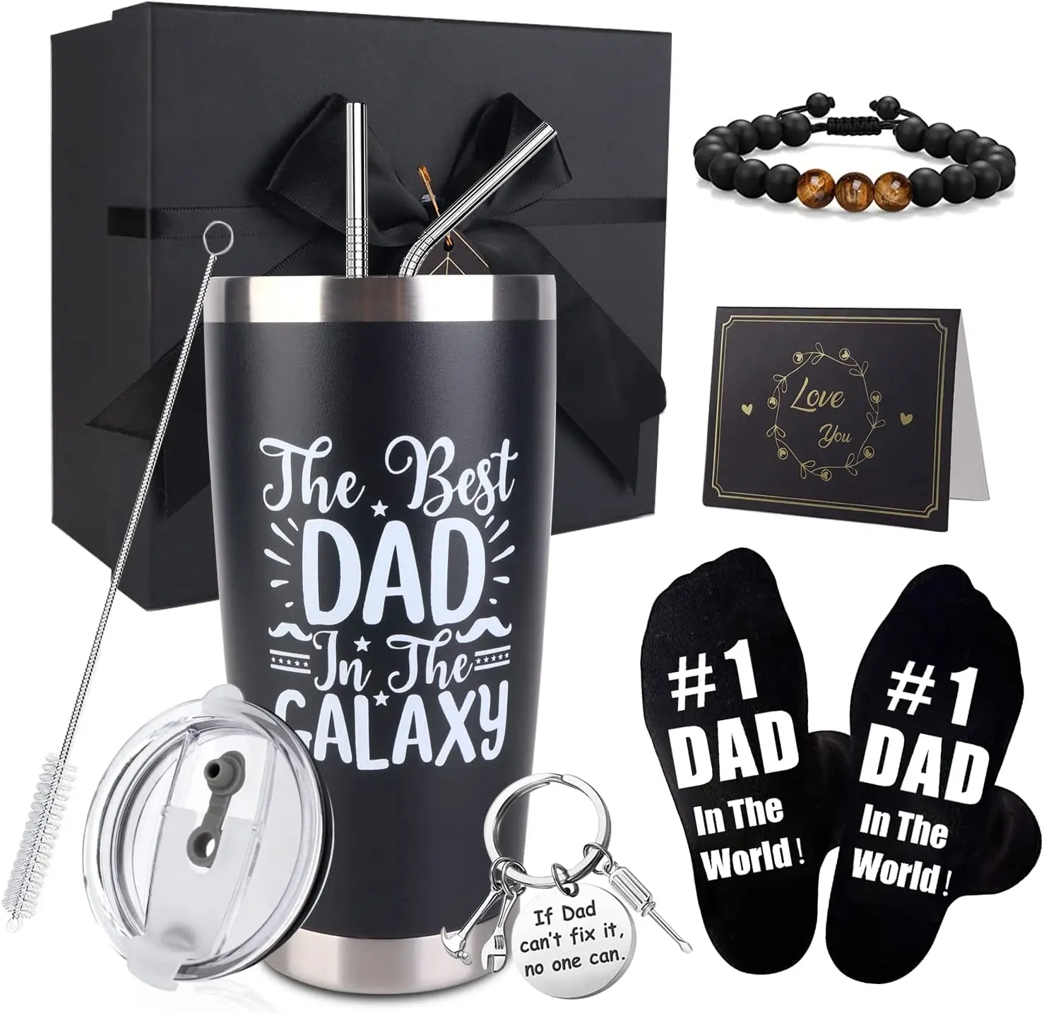CAKKA 8PCS Adjustable Stainless Steel Thermal Insulation Male Dad Gift Set - 20Oz Tumbler with Lid, Straw, Brush, Socks, Bracelet, Key Chain, Thanks Card, Gift Box - Top Presents for Dad from Kids (Christmas, Birthday)