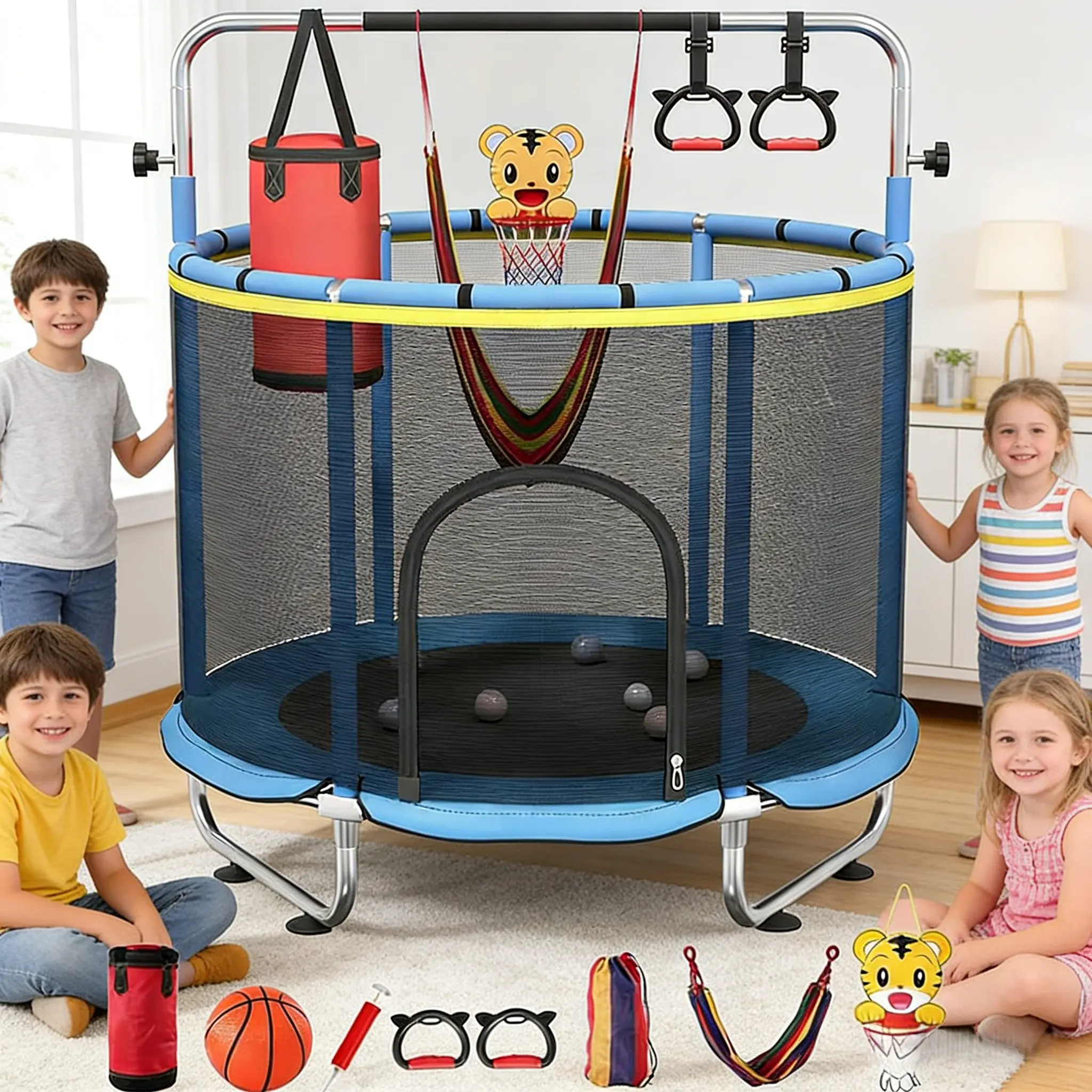 60" Trampoline for Kids, Indoor & Outdoor Fitness Playset with Safety Net Enclosure, Swing, Adjustable Gym Bar & Basketball Hoop, Outdoor Fitness Trampoline
