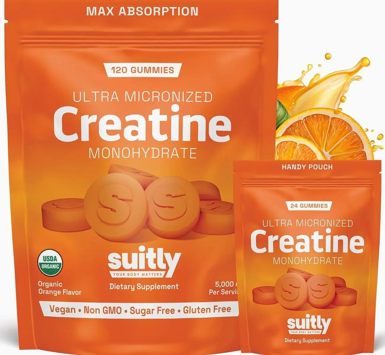 USDA Organic Ultra-Micronized Creatine Gummies for Men & Women; Orange Max Absorption 5g Creatine Gummies Sugar Free for Muscle Gain, Energy & Recovery; Muscle Builder for Women with Pouch - 120 Count