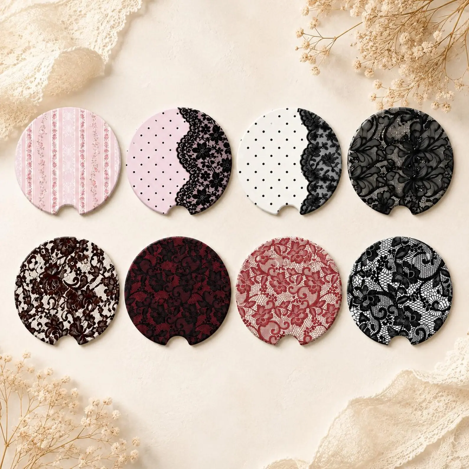 Vintage Lace Car Coasters, Coquette Floral Car Coasters, Elegant Lace Ceramic Cup Holder Coaster, Feminine Car Accessory, Gift for Her