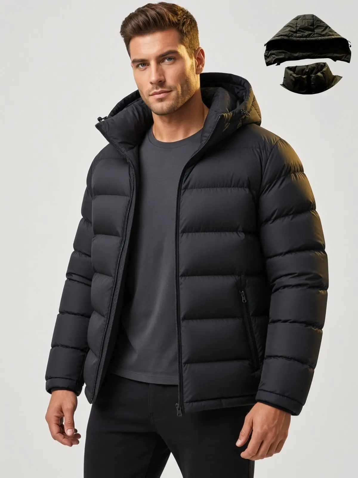 Menswear Plain Long Sleeve Stylish Puffer Jacket for Men - Warm, Windproof Winter Casual Outerwear with Side-Seam Detailing, Detachable Hood, Tops, Coats, Zippers