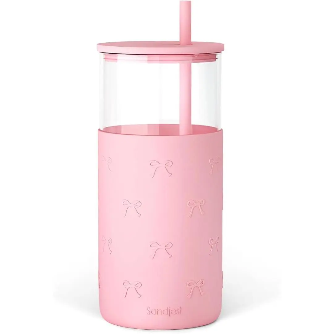 SANDJEST 20Oz Reusable Stylish Glass Water Bottle with Straw, Lid, Portable Washable Silicone Sleeve - Non-Plastic Straw Cup Bottle, Iced Coffee Kitchenware Gift for Women (Cream), Water Bottles
