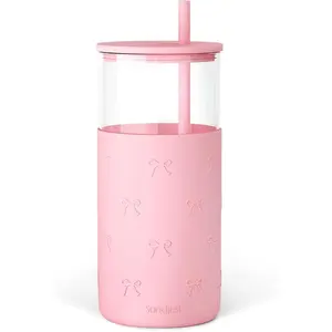 SANDJEST 20Oz Reusable Stylish Glass Tumbler with Straw, Lid, Portable Washable Silicone Sleeve - Iced Coffee, Tea Cup, Gifts for Women (Cream)