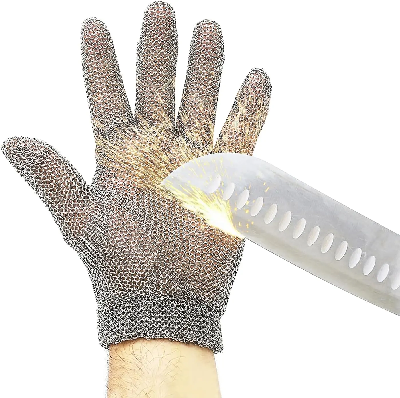 RETON-PPE Food Grade Stainless Steel Safety Chain Cutting Gloves with 3.81mm Rings, Upgrade Elastic Wristband, 5-Finger Reversible Ambidextrous Work Gloves for Meat Cutting, Butchering, Cutting Glove