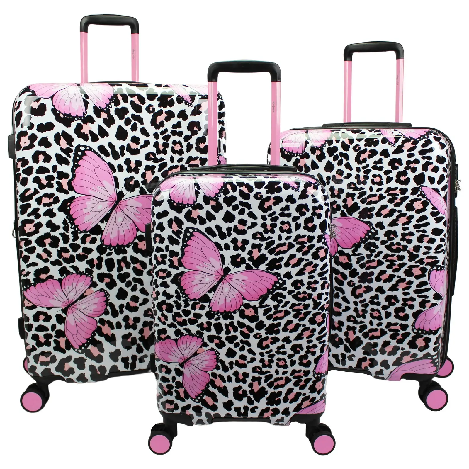 World Traveler Dejuno Butterfly Cheetah 3-Piece Expandable Spinner Luggage Set, Travelers, 20" H X 13" L X 9.5" W, 6.5 Lb, 8 Lb, Spinner Wheels, Colorful, Fun, Joyful Design, Cheetah Print, Animal Print, Polycarbonate, Eight