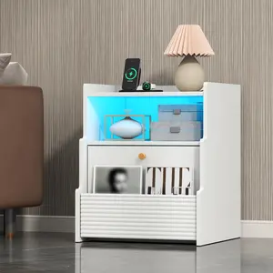 LED Nightstand with Charging Station, Fluted Bedside Table with Drawers, Modern End Table with Open Compartment, Night Stand for Bedroom