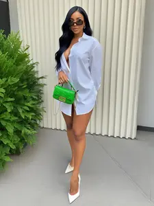 Women's Plain Cut Out Drawstring Shirt Dress, Casual Long Sleeve Button Front Short Dress for Summer, Fashion Women's Dress for Daily Wear, Slim Fit, Womenswear