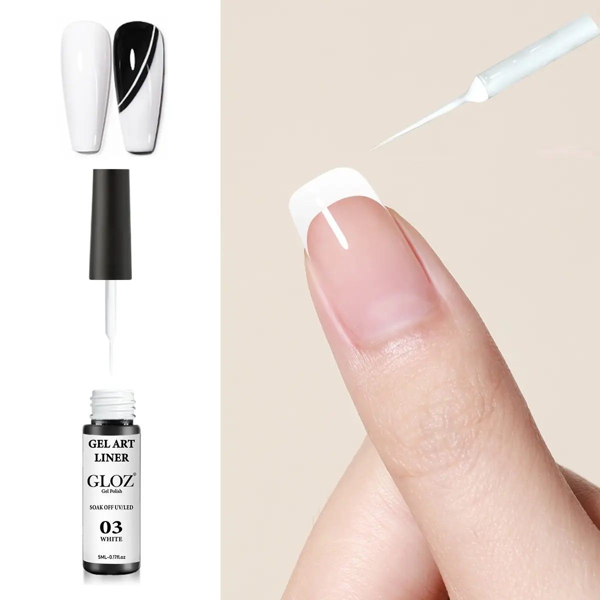 GLOZ Nail Art Liner Gel Polish - Long Lasting Low Odor Gel with Precision Brush for Lines, Patterns & French Manicures, French Tips Gel, Gel Nails, Diy French Manicure, Nail Products