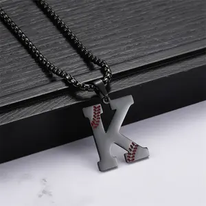 1Count Baseball Initial Necklace A-Z Titanium Baseball Letter Gift, Stainless Steel Letter Pendant for Boys and Girls