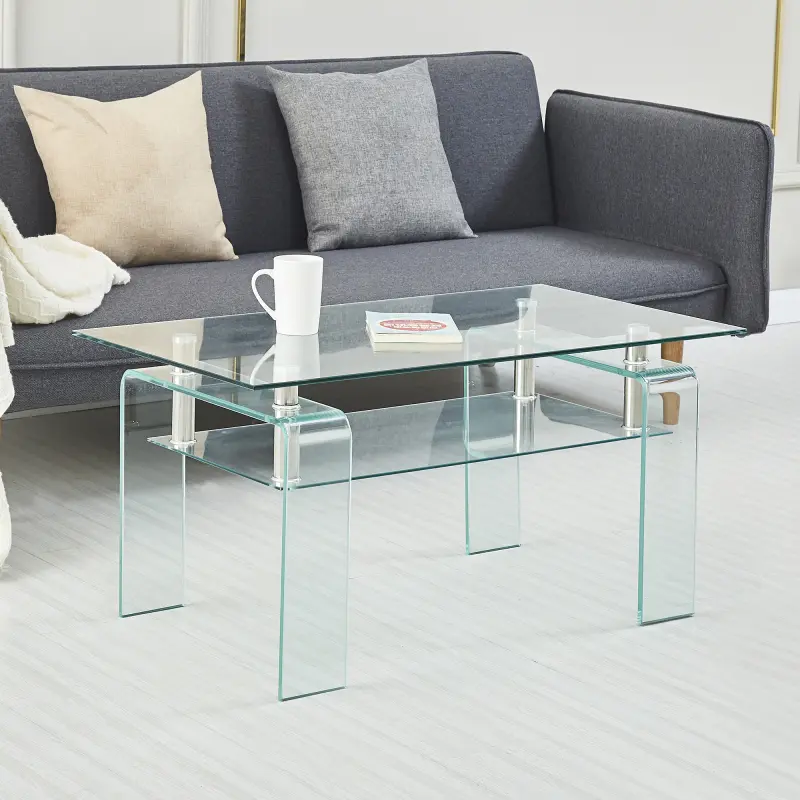 Rectangle Coffee Table, Modern Clear Glass Coffee Table for Living Room, 2-Tier Storage Center Coffee Table,Tempered Glass Tea Table