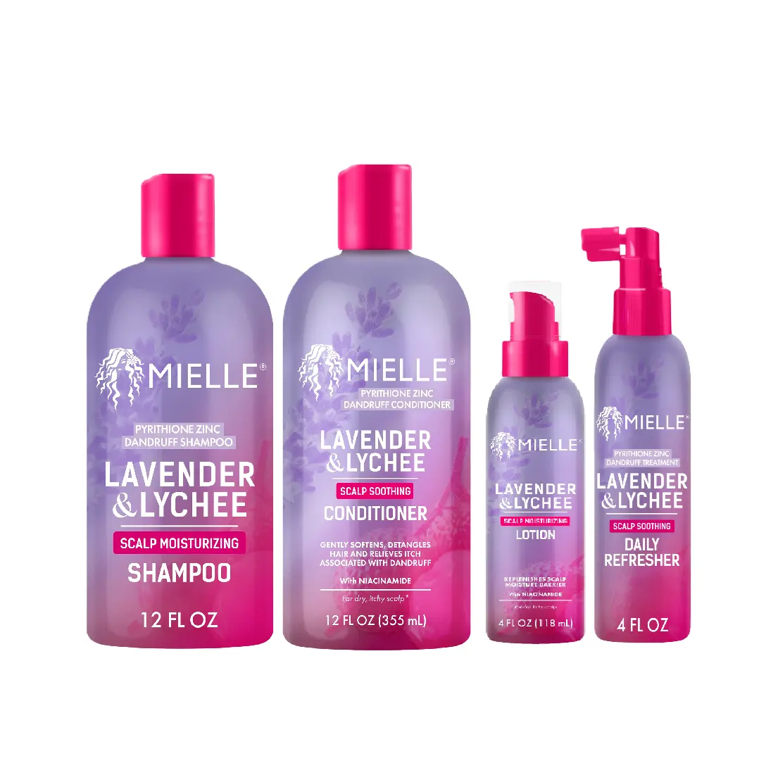 Mielle Soothing Lychee Scalp Hair Wash Day Bundle with scalp moisturizing shampoo, scalp soothing conditioner, daily scalp moisturizing lotion, and a daily scalp refresher.