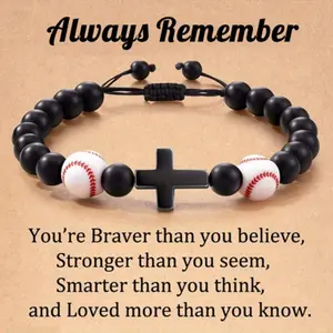 Classic Men's Sports-Inspired Black Stone Bracelet Vintage Woven Rope & Baseball Beads Handmade Braided Bracelet "Always Remember" Charm Cross Adjustable Chain Bangle Black Beaded Sports Bracelet Gift