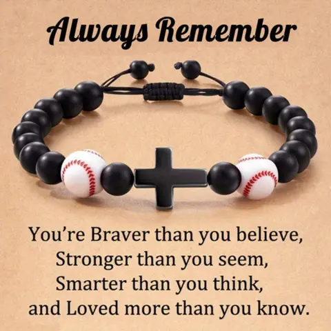 Classic Men's Sports-Inspired Black Stone Bracelet Vintage Woven Rope & Baseball Beads Handmade Braided Bracelet "Always Remember" Charm Cross Adjustable Chain Bangle Black Beaded Sports Bracelet Gift