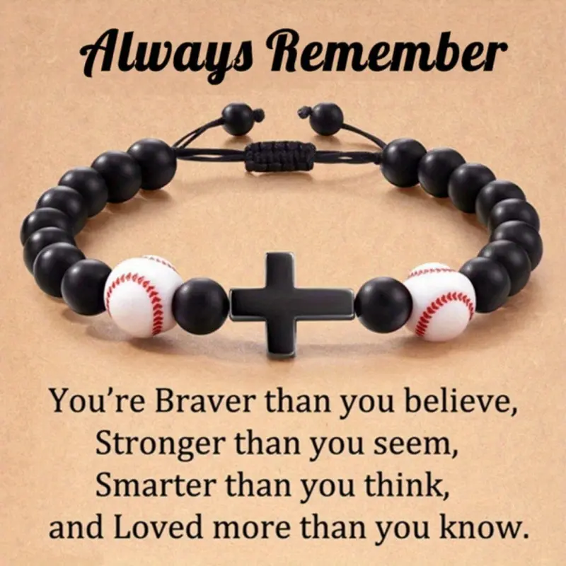Classic Men's Sports-Inspired Black Stone Bracelet Vintage Woven Rope & Baseball Beads Handmade Braided Bracelet "Always Remember" Charm Cross Adjustable Chain Bangle Black Beaded Sports Bracelet Gift