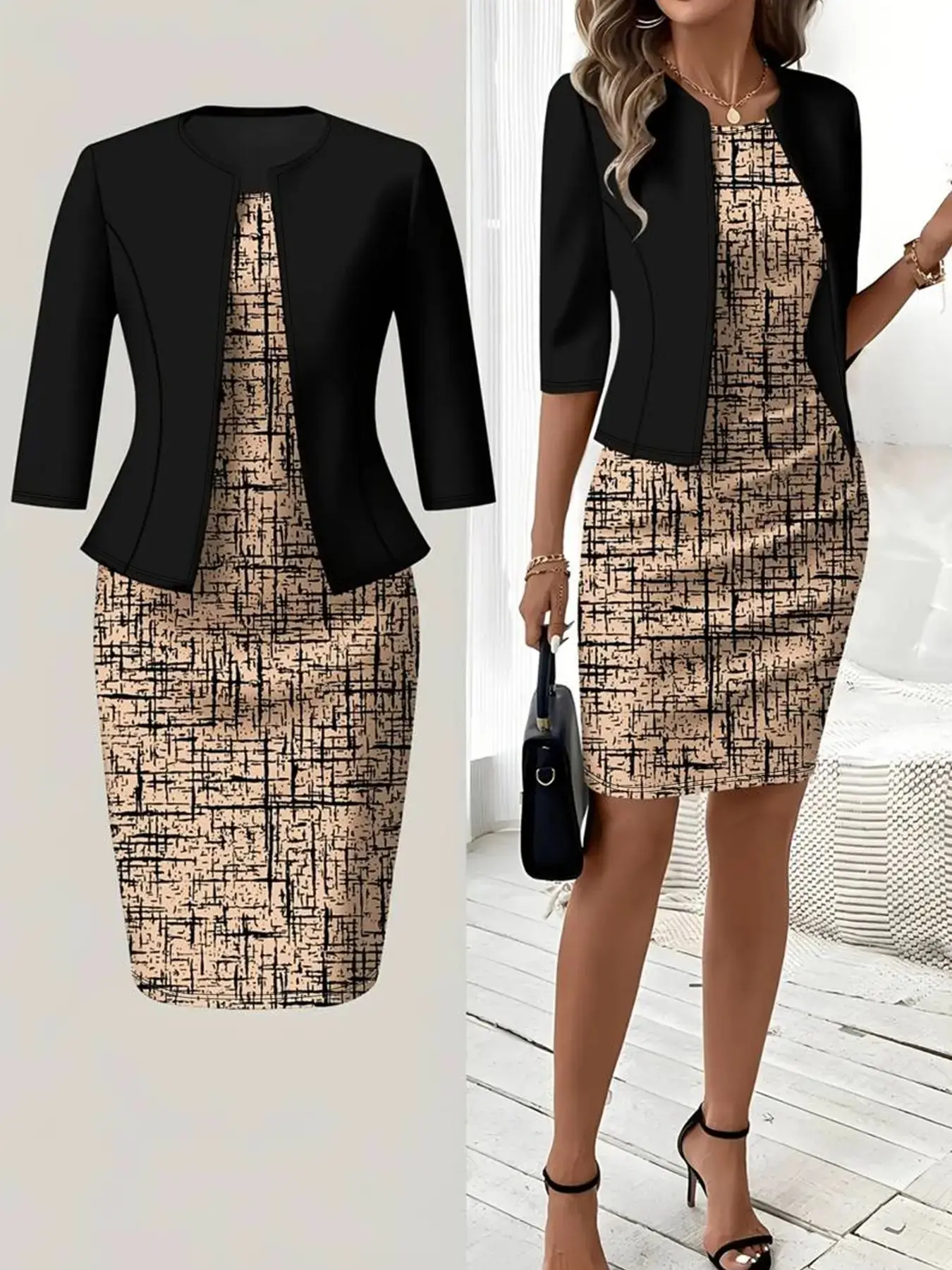 (short skirt) (small size) (general fabric) (printing design) Spring, summer and autumn knitted cardigan blouse with slim waist and printing design; classic straight dress, two-piece suit, suitable for women; elegant chic wedding guest dress