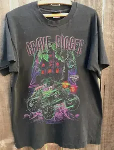 Vintage 1988 Grave Digger Race Team Monster Truck Tee T Shirt, Crew Neck T-Shirt, Pull On, Casual, Unisex Cotton, Menswear, Womenswear QNS