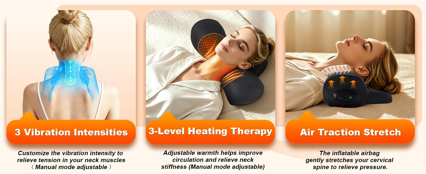 3-in-1 Multi-Function Rechargeable Remote-Controlled Heated Memory Foam Neck Traction Pillow - 2500mAh, Vibration Massage, Airbag Traction for Pain Relief, Travel Comfort, Neck Support (Personal Care Massage Device)