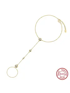 Women's 925 Sterling Silver Ring Chain Bracelet, Minimalist Zirconia Multi-Layer Finger Chain, Fashion Interlocking Jewelry, Double Layered Bracelets