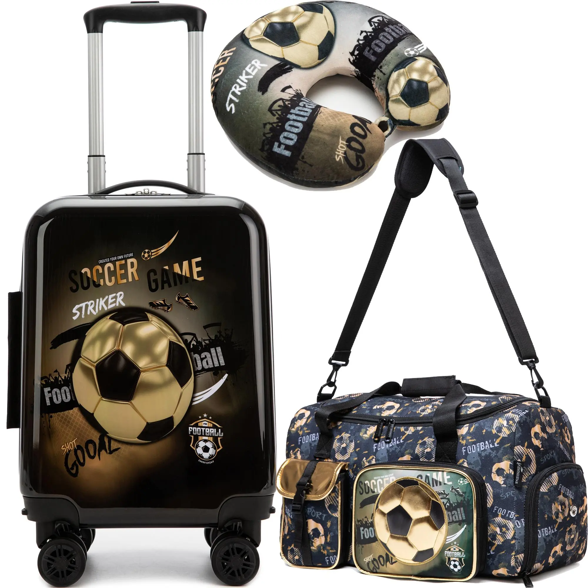 Kids' 3-Piece Chic Luggage Set for Boys, Hardside Carry-on with 3D Gold Soccer Graphics, Duffel with Adjustable Shoulder Strap, Travel Duffel Bag, Spinner Wheels, Athletic, Soccer Training, Pillow, Long Flights, Boys Sets, Holiday, Hardside Carryon, Dual,