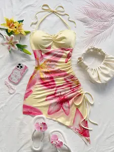 Women's Halter Neck Lily Print Sleeveless Short Dress, Drawstring Ruched Side Design, Sweet & Spicy Vacation Style, Perfect for Summer, Beach, Beach Dates, Summer Parties & Afternoon Tea