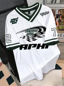 Y2K Cyber "APHI" Racing Graphic Oversized Polyester Jersey T-Shirt for Men | TikTok Trendy Streetwear Athletic Top – Bold White & Green Design, Breathable Polyester Fabric, Loose Fit Perfect for Daily Outfits Jersey Tee