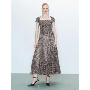 URBAN REVIVO 2026 Spring Women's Cool Gray Plaid Print Polyester Blend Shirt-Inspired Maxi Dress - Square Neck, Overhead Wear, Thin Premium Fabric, Casual Wear, UWJ250041