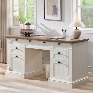 REDLEMON 60" Rustic Executive Desk – 5 Drawers, 2 Cabinets, Adjustable Shelves, Built-In Charging Station, Home Office Writing & Study Workstation