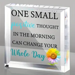 1 count Acrylic Motivational Gifts for Women and Men: Inspirational Desk Decor - One Small Positive Thought in the Morning Can Change Your Whole Day Sign. Sunflower Encouragement Gifts for Home Office Decor (Square)
