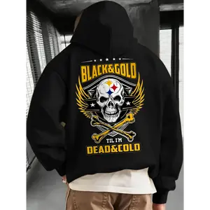 1pc Unisex Black & Golden Steelers Graphic Hoodie - Casual Cotton Long Sleeve Hooded Sweatshirt with Slight Stretch, Knit Fabric, Regular Fit for Daily & Outing, Fall/Winter Collection