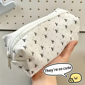 1/20Pcs Cute Bow Design Large Capacity Stationery Storage Bag - Durable Fabric with Zipper Closure, Black and White Pattern Suitable for School, Office Supplies, Travel Accessories Storage, Portable Small Bag, Pencil Bag | Fun Design