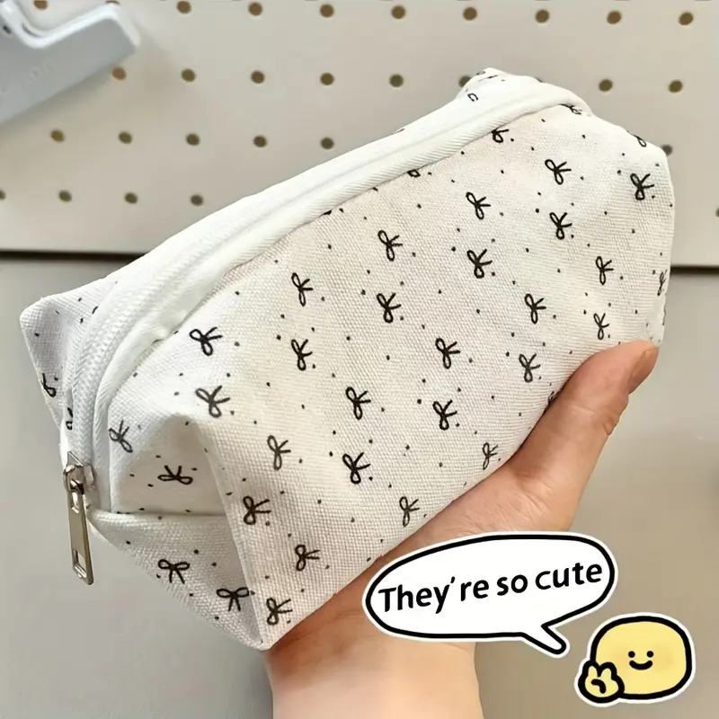 1/20Pcs Cute Bow Design Large Capacity Stationery Storage Bag - Durable Fabric with Zipper Closure, Black and White Pattern Suitable for School, Office Supplies, Travel Accessories Storage, Portable Small Bag, Pencil Bag | Fun Design