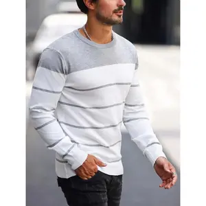 [Long Sleeve Crew Neck Sweater] Men's Striped Knitted Pullover, Casual Long Sleeve Crew Neck Sweater for Fall Spring Tops Collar Crewneck Fabric Beige Knitwear Menswear Polyester Stretch Knife