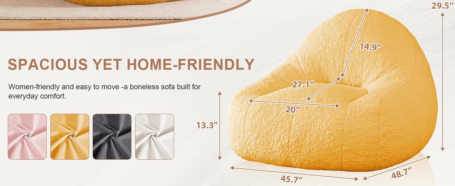 NABUMI 4FT Large Bean Bag Chair for Adults - Big Boneless Floor Chair with Foam Filling, Ergonomic Memory Foam Sofa, Oversized Bean Bag Sofa for Reading and Gaming in Bedroom, Living Room, Dorm, Yellow, Pink, White, Gray