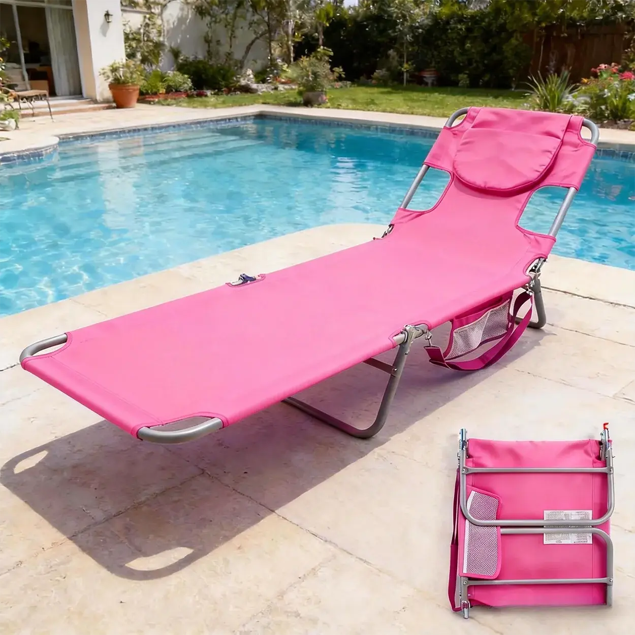 Outdoor Folding Lounge Chair - 5-Position Adjustable Lay-Flat Reclining Sunlounger with Pillow, Flexible Collapsible Portable Beach Chair for Patio, Pool Sun Bathing, Beach Chairs, Flexible Portable Sunloungers