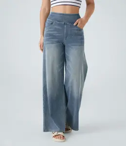 MarsPower High Waisted Multiple Pockets Baggy Wide Leg Washed Stretchy Knit Casual Jeans Denim Pants for Women Light Blue Medium Comfortable Fit