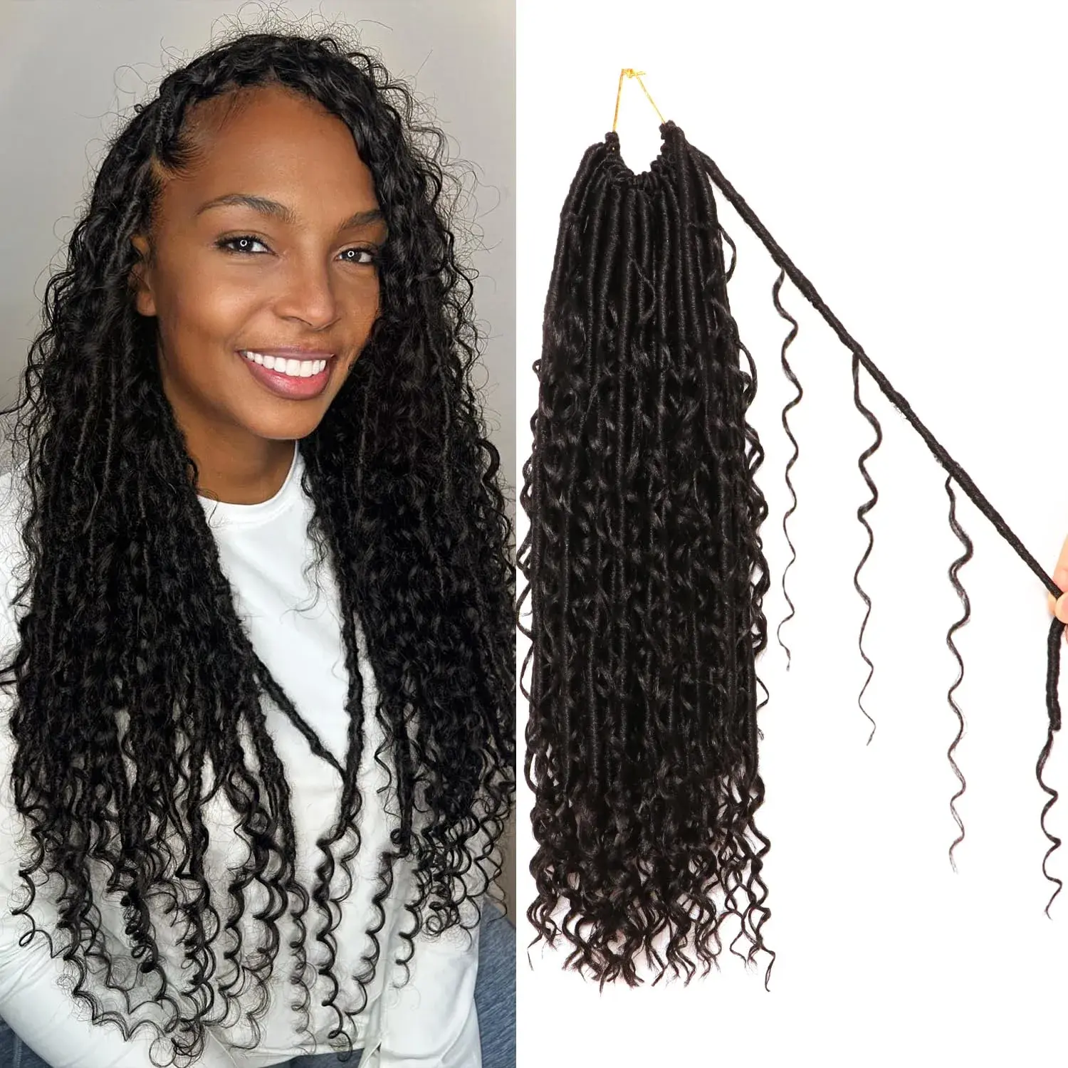 Women's Black 8-Pack 18-Inch Goddess Faux Locs Crochet Braids - Boho Soft Locs Synthetic Hair Extensions, Faux Locs Wig (#1B), Curly Faux Locs