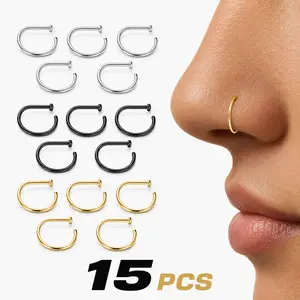 15pcs Women And men Fake Piercing Nose Ring Gold Stainless Steel D-Type Simple American Style Personalized Letters Hip-Hop Street Style Non Perforated Accessories Fake Nose Studs