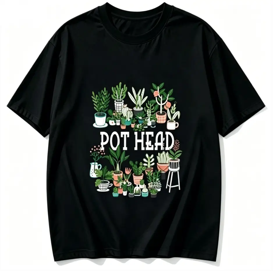 Women's Cotton Round Neck Short Sleeve T-Shirt - Funny "Pot Head" Plant Lover Print Everyday Gardening Top, Casual Women's Clothes, Ladies' Tshirt