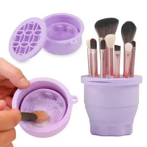 Makeup Brushes Cleaner Mat with Brush Storage Holder, Folding Portable Washing Tool for Makeup Brush Cleaning, 2 In 1 Silicone Brush Cleaner Pad & Cosmetic Brush Organizer Rack (Purple)