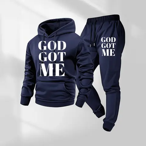 Men's 2-Piece Loose Fit Minimalist Polyester Fabric Hoodie & Sweatpants Set - Long Sleeve, Letter Print, Drawstring, Breathable Athletic Streetwear for Gym & Casual Mensfashion
