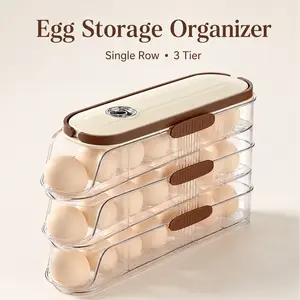 Automatic Rolling Egg Storage Organizer for Refrigerator | 3-Tier Single Row Clear Egg Holder with Freshness Tracker Timer Dial | Space-Saving Kitchen Egg Rack Tray Container | Aesthetic Fridge Organization