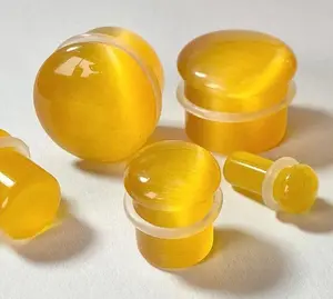 PAIR Yellow Cat Eye Stone Plugs Single Flare Tunnels Earlets Gauges Body Jewelry