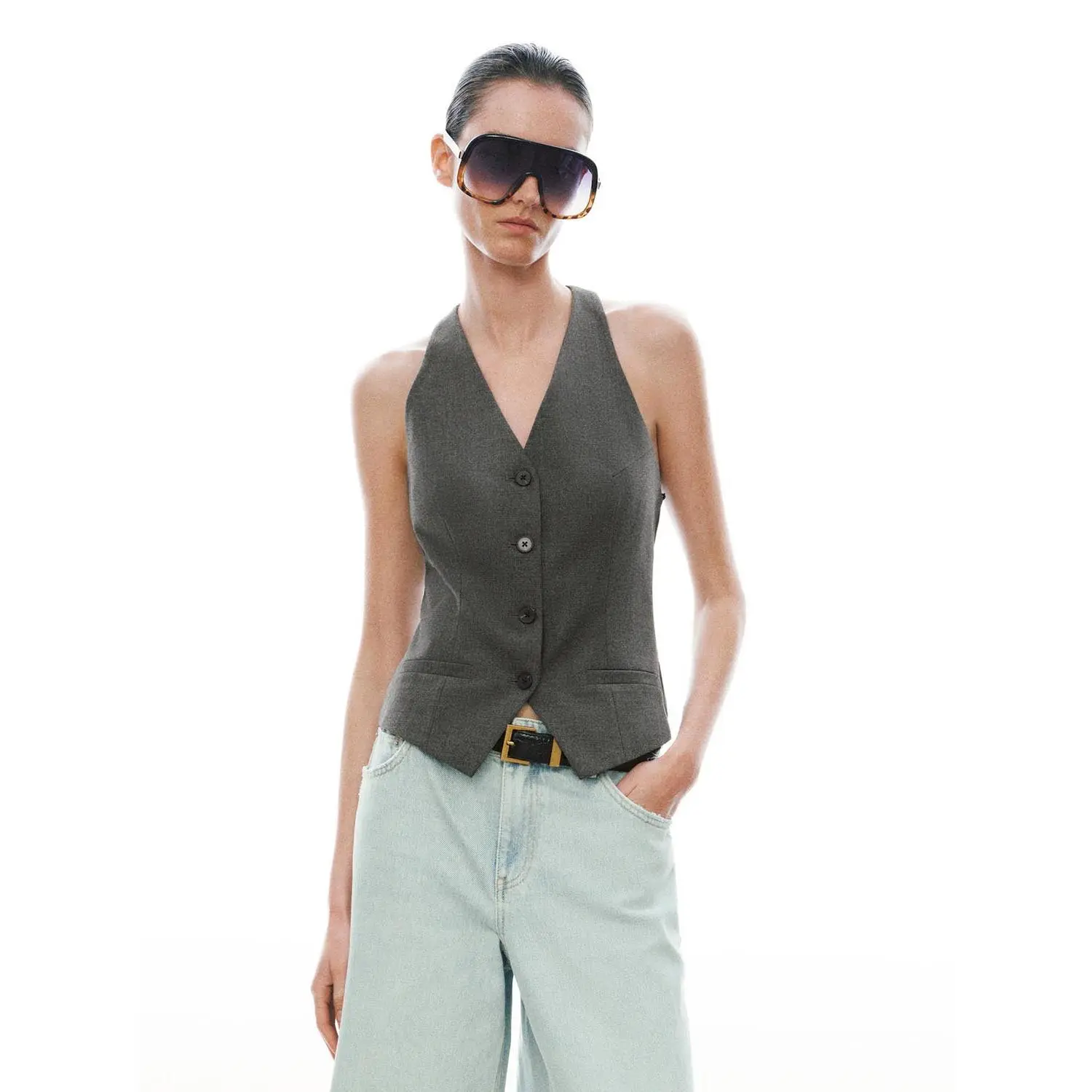URBAN REVIVO Women's Belted Layering Hip-Length Lightweight Multi-Size 2026 Summer Elegant Plus Size Sleeveless Fake 2-Piece Lace-Spliced Buckle Vest - Polyester Viscose Fabric Top (UWJ160030), Belted Women's Vests, Layering Women's Vests