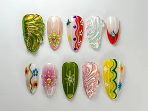 Groovy Flower Press On Nails | 70s Retro Psychedelic Almond Nails | 3D Jelly Chrome Daisy Gift