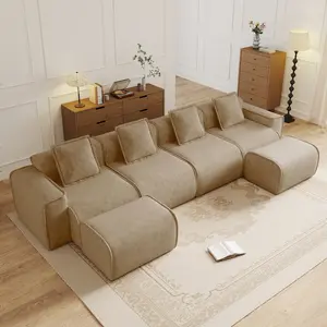Modular 4 Seat U Shape Sectional Sofa with French Edge Piping, No Assembly Required, Velvet Fabric Brown, Includes Throw Pillows and 2 Movable Ottomans, Living Room Couch Set, Living Room Furniture for Apartment, Lounge, Family Room