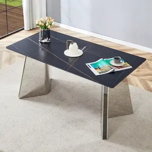 Black Marble-Patterned Slab Dining Table with Stainless Steel Butterfly Legs.The tabletop is designed to be scratch and heat resistant.Slabs Tabletop,Stainless Steels Legs.