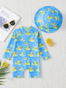 Baby boy, Toddler swimsuit, cute yellow duck one-piece swimsuit round neck comes with a yellow duck hat zipper easy to put on and take off beach vacation